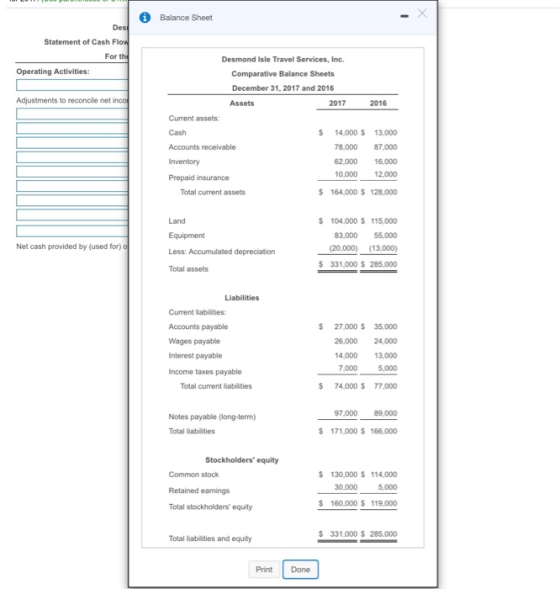 0 Balance Sheet Des! Statement of Cash Flow For the Operating Activities: Adjustments to reconcile net inco Desmond Isle Trav