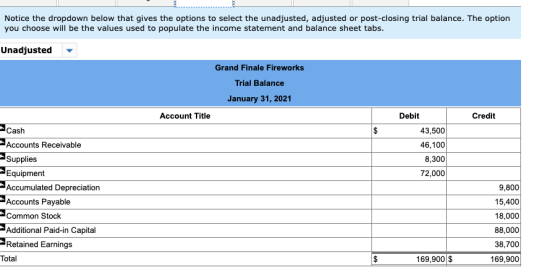 Notice the dropdown below that gives the options to select the unadjusted, adjusted or post-closing trial balance. The option