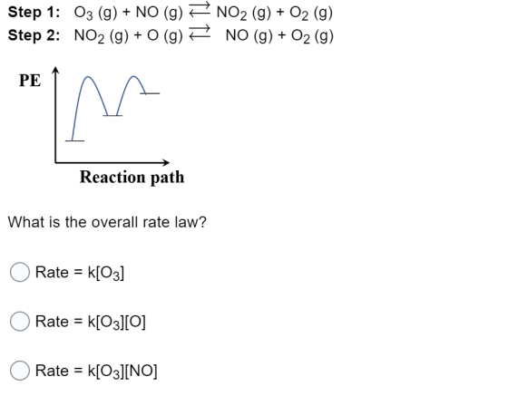 Step 1: 03 (g) + NO (g) = NO2 (g) + O2 (g) Step 2: NO2 (g) + O (9) NO (g) + O2 (g) PE IM Reaction path What is the overall r