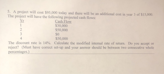 Yr 5. A project will cost $95,000 today and there will be an additional cost in year 3 of $15,000. The project will have the