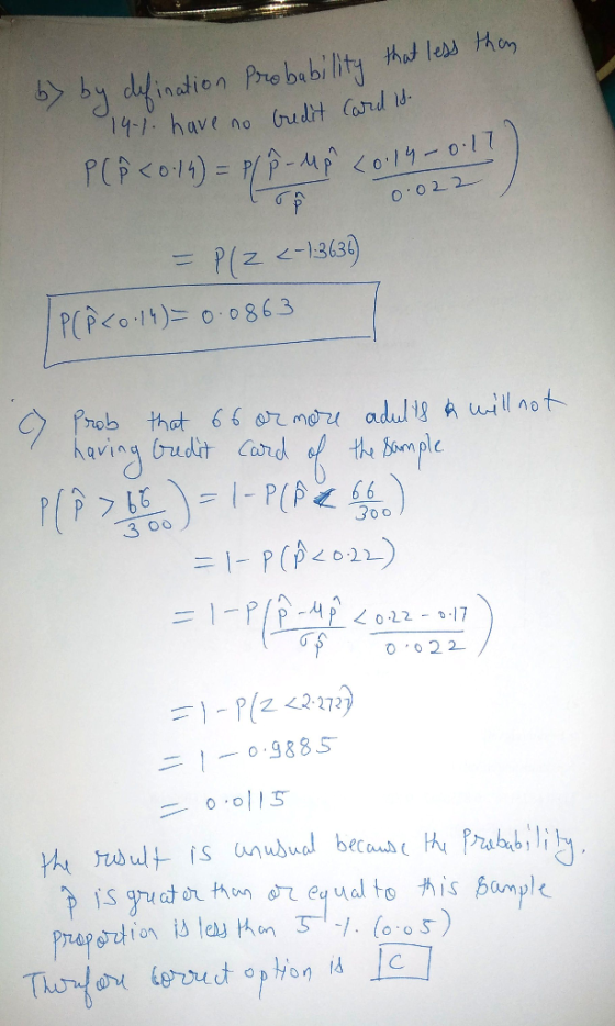 67 by defination probability that less than 14-1. have no credit card is. P(P<0.14) = P(Å - up <0.14 - 0.17 l ê 0.022 = P(Z <