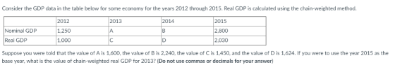Consider the GDP data in the table below for some economy for the years 2012 through 2015. Real GDP is calculated using the chain-weighted method. 2012 1,250 1,000 2013 2015 2,800 2,030 2014 Nominal GDP Real GDP Suppose you were told that the value of A is 1,600, the value of B is 2,240, the value of C is 1,450, and the value of D is 1,624. If you were to use the year 2015 as the base 3? (Do not use commas or decimals for your answer) year,what is the value of chain-weighted real GDP for 201
