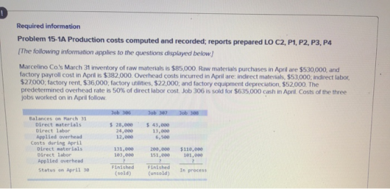 Required information Problem 15-1A Production costs computed and recorded; reports prepared LO C2, P1, P2, P3, P4 The followi