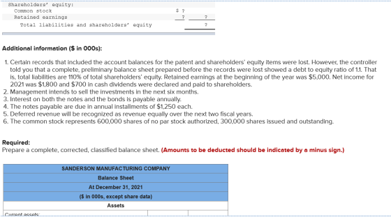 $ ? Shareholders equity: Common stock Retained earnings Total liabilities and shareholders equity ? ? Additional informatio