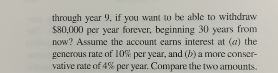 through year 9, if you want to be able to withdraw $80,000 per year forever, beginning 30 years from now? Assume the account