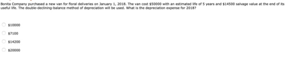 Bonita Company purchased a new van for floral deliveries on January 1, 2018. The van cost $50000 with an estimated life of 5