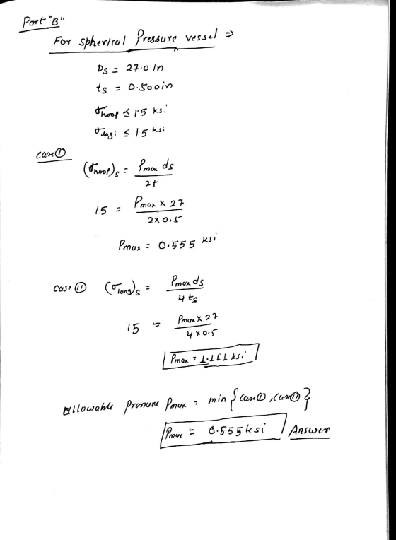 Port 3 For spherical Pressure vessel >> Ds : 270 in ts=0.50oin Thoop & 15 ksi ologi s 15 ksi caro (Thoop)s : mands 2t Pmox