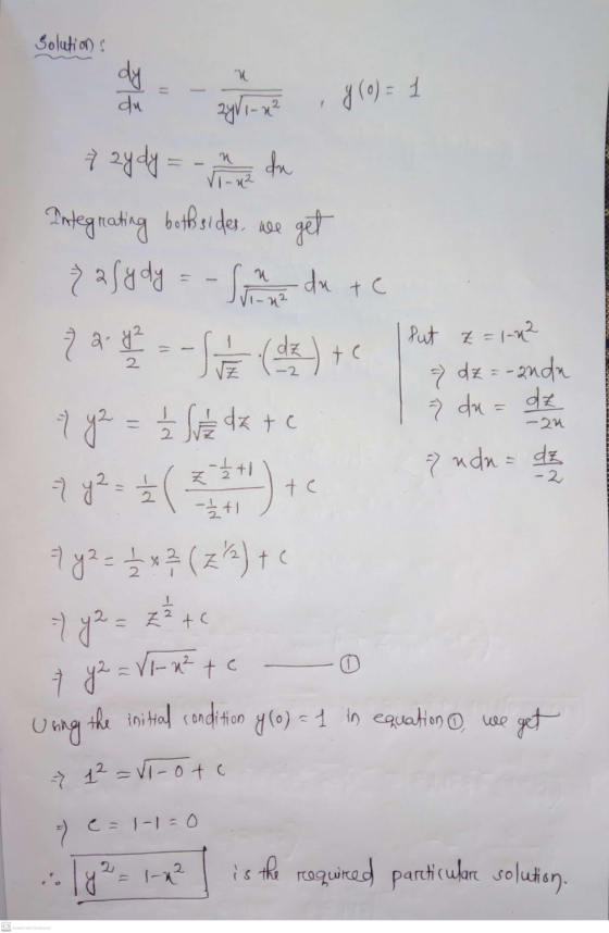 Solution W dy du g (0) = 1 ayri-q? 7 2y dy = - 1 z du Integrating both sides, we get > a[edy --Store St (dz) + c 7 y2 = 122 S