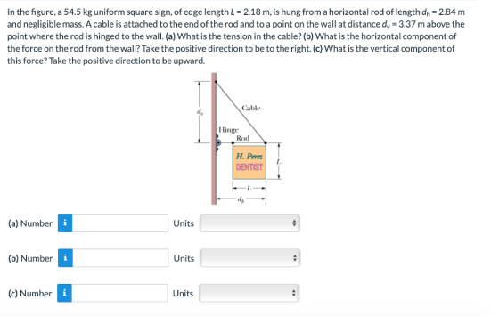 In the figure, a 54.5 kg uniform square sign, of edge length L = 2.18 m, is hung from a horizontal rod of length dn = 2.84 m