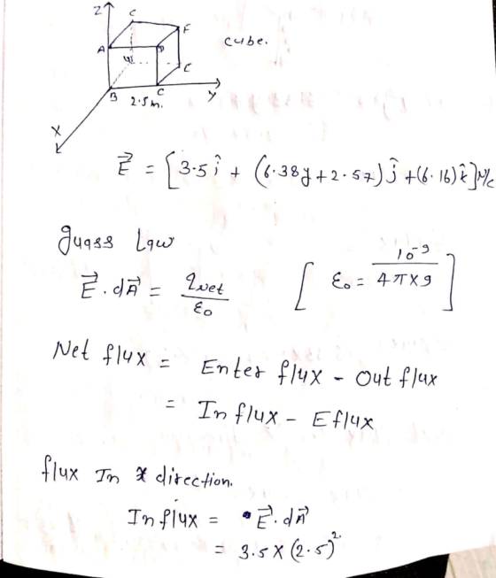 счbe. = (3-5 î + (1.384+2.57)3 +6. 16)]ille Juass Law E. dĀ = {vet In 16 = 4TX9 10-9 Net flux - Enter flux - Out flux In flux