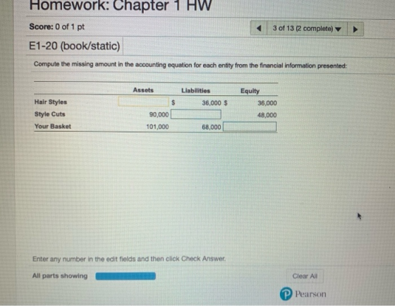 Homework: Chapter 1 HW Score: 0 of 1 pt 3 of 13 (2 complete) E1-20 (book/static) Compute the missing amount in the accounting