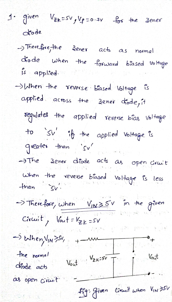 I. given Vzx = 5v gvp =0.7v for the Zener diode as - Therefore, the Zener acts normal diode when the forward biased Voltage i