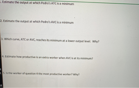 Estimate the output at which Pedros ATC is a minimum 2. Estimate the output at which Pedros AVC is a minimum 3. Which curve