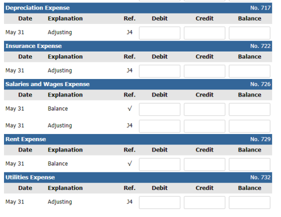 No. 717 Depreciation Expense Date Explanation Ref. Debit Credit Balance 14 May 31 Adjusting Insurance Expense Date Explanatio