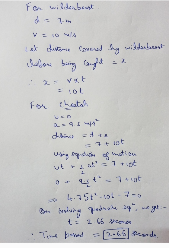 For wilderbeast d = im v = 10 m/s Let distance Covered by wilderbeast before being caught - 2 vat . 2 = = lot For cheetah U=O
