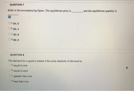QUESTION 7 Refer to the accompanying figure. The equilibrium price is and the equilibrium quantity is a. $4; 6 b.$6; 4 OC $2;