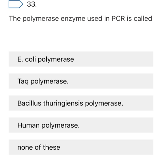 33. The polymerase enzyme used in PCR is called E. coli polymerase Taq polymerase. Bacillus thuringiensis polymerase. Human p