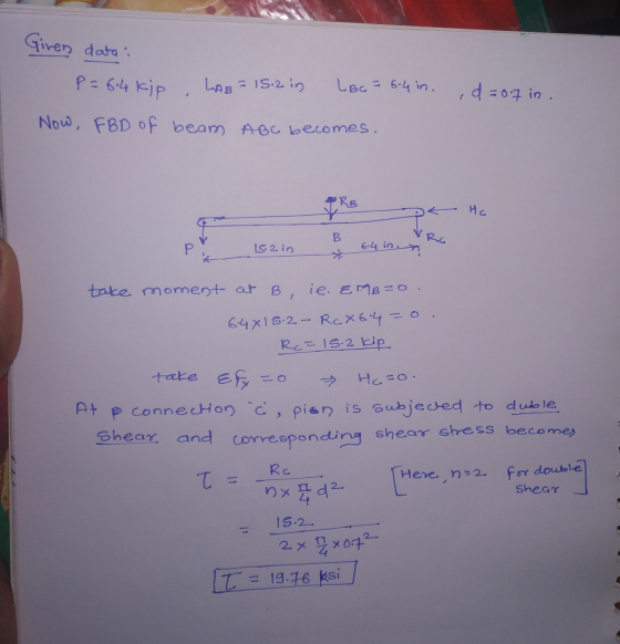Giren data: P = 6.4 kip LAB = 15.2 in LBC 6.4 in. d=07 in . Now, FBD of beam ABC becomes. FRA Hc VRO B P IS2 in 6.4 in. n tak