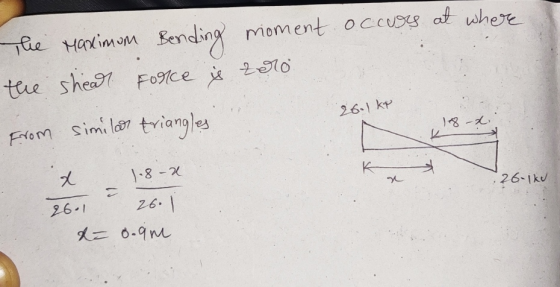 Bending . The Maximom moment occurs at where the shear Force & zoro From similar triangles 26.1 km log-d. k 1.8-2 a 26.1kJ x