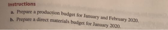 Instructions Prepare a production budget for January and February 2020. b. Prepare a direct materials budget for January 2020