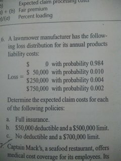 processing ust Expected claim Fair premium )(b) a) Percent loading 6. A lawnmower manufacturer has the follow- ing loss distribution for its annual products liability costs $ 0 with probability 0.984 50,000 with probability 0.010 Loss= $250,000 with probability 0.004 $750,000 with probability 0.002 Determine the expected claim costs for each of the following policies: a. Full insurance. b. $50,000 deductible and a $500,000 limit. No deductible and a $700,000 limit. Captain Macks, a seafood restaurant, offers medical cost coverage for its employees. Its