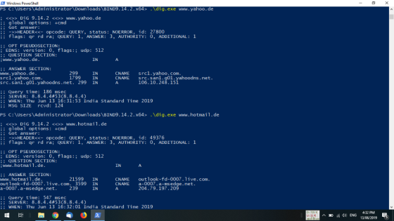 Windows PowerShell PS C:\Users Administrator Downloads BIND9.14.2.x64> .\dig.exe www.yahoo.de ; <o> DiG 9.14.2 <o> www.yahoo.