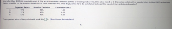 Your client has $102.000 invested in stock A She would like to budalwo-stock portfolio by investing another $102.000 in the r
