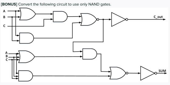 [BONUS] Convert the following circuit to use only NAND gates. A B C_out с C SUM