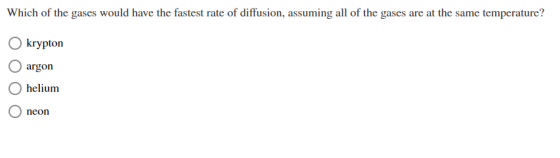 Which of the gases would have the fastest rate of diffusion, assuming all of the gases are at the same temperature? krypton a