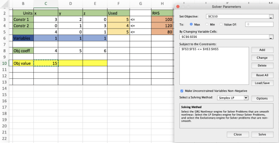 B E F G H Solver Parameters Used RHS Set Objective: $C$10 Units X Constr 1 Constr 2 OPNI 5 <= 4. 5<= 100 120 To: Max Min Valu