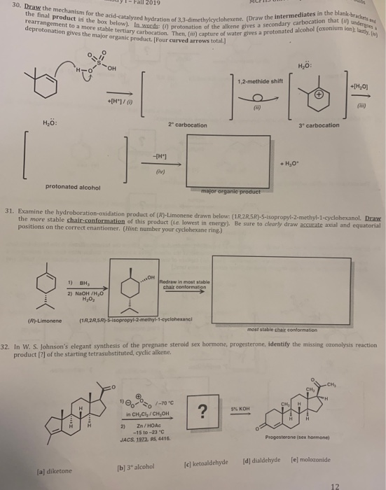 yl-Fall 2019 SO. Draw the mechanism for the acid-catalyzed hydration of 3.3-dimethy the final product in the box below In wor
