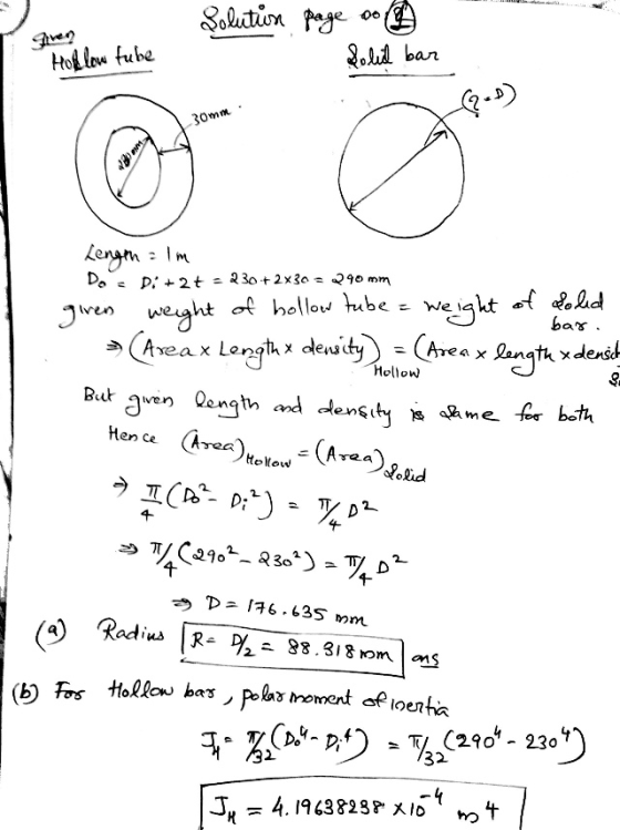 D = 176.635 mm Solution page so Solid bar Hollow tube 2.1) 30mm Length Do Di +2+ = 230 + 2x30 = 240 mm bar. given weight of h