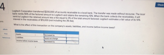 Logitech Corporation transferred $200,000 of accounts receivable to a local bank. The transfer was made without recourse. The