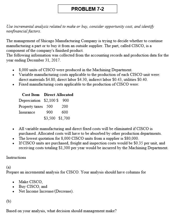 PROBLEM 7-2 Use incremental analysis related to make or buy, consider opportunity cost, and identify nonfinancial factors. Th