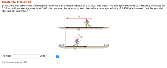 Chapter 02, Problem 10 In reaching her destination, a backpacker walks with an average velocity of 1.03 m/s, due west. This average velocity results, because she hikes for 5.56 km with an average velocity of 3.03 m/s due west, turns around, and hikes with an average velocity of 0.470 m/s due east. How far east did she walk (in kilometers)? dw West East Units Number the tolerance is +/-590