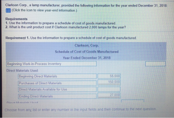 Clarkson Corp., a lamp manufacturer, provided the following information for the year ended December 31, 2018: (Click the icon