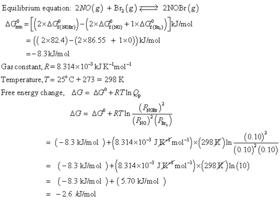 Equilibrium equation: 2NO(8) + Brz(8) 2 2NOBr (8) AC = [(2xACE NOR) - (2x4G(10) + 1xACC)]kJ/mol = ({ 2x82.4)-(2x86.55 + 1x0))