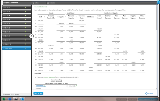 Chapter 1 Homework eBook • Calculator 1. EX.01.01 Financial Statements Jose Loder established Bronco Consulting on August 1,