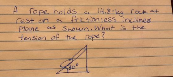 A rope holds a 14.8 kg rock at rest on friction less inclined Plane as shown. What is the tension of the rope?