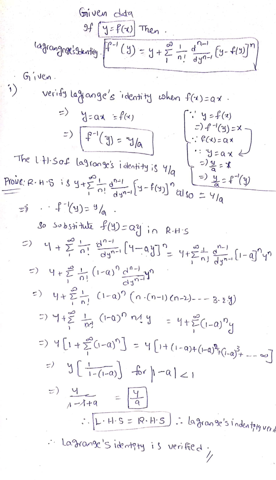 If- (Y) = y + fy- f(y)] ☺ Given data gf (y = f(x) Then d lagrangnges dentity + el te n! dyn- Given. verify lag anges ident