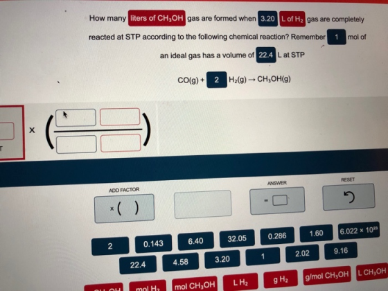 How many liters of CH3OH gas are formed when 3.20 L of H2 gas are completely reacted at STP according to the following chemic