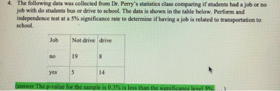 4. The following data was collected from Dr. Perrys statistics class comparing if students had a job or no job with do stude