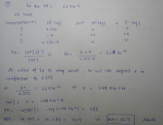 ka for HF = 6.6 810-4 ICE Table concentration (M) HF lag) 0.335 He Cagl & f-lag) I go to tx 0.335-x СС Kaz [1H+] [-] s Kaz xx