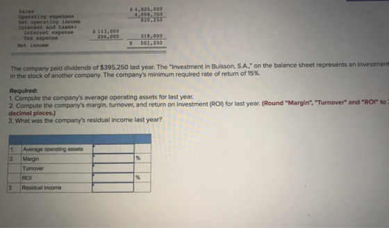 $ 4,825,000 4,004,750 820, 250 Sales Operating expenses Net operating income Interest and taxes Interest expense Tax expense