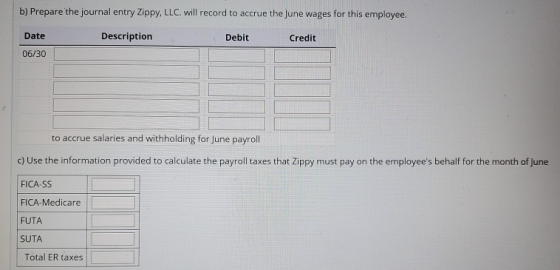 b) Prepare the journal entry Zippy, LLC. will record to accrue the June wages for this employee. Date Description Debit Credi