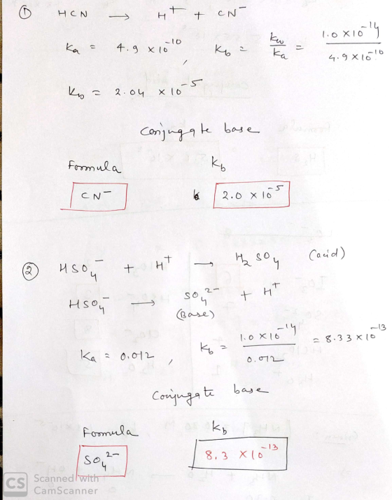 HCN HCN - ht + CN- BER 1.0 X169 10 ka = 4.9 x 10 4.98 1010 ko =2.04 x 10 conjugate base ones Kb Formula TCN- (2.0x105] Cacid)