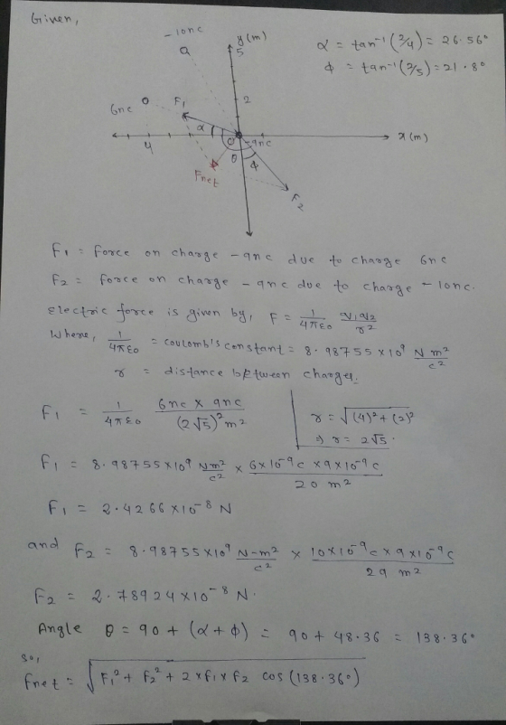 Given 5 4 : tan(%) : 21-8。 2. o FI 1 (m) Fa : fore on chara--qnc du e to change ←lore t s an F distance b虍tween charge Angle p: 90 + (o( + d) : qo + 98.36 : 138.36 So 1 Q.