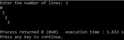 Enter the number of lines: 3 1 2 3 Process returned e (exe) Press any key to continue. execution time 1.633 s