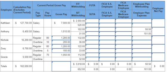 Current Period Gross Pay FIT Withholding FUTA FICA S.S. Employee Employee Plan Withholding Cumulative Pay Employee (Excludes