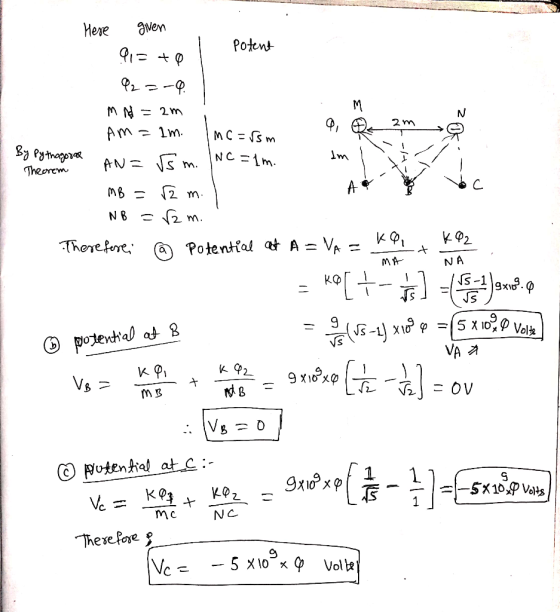 De zm Here given potent P1= +0 92=-0. M N = 2m Am=1m. Inc=rsm By Pythagoras AN= √5 m. INC=1m. Theorem MB = 52 m. l NB = r2 m.
